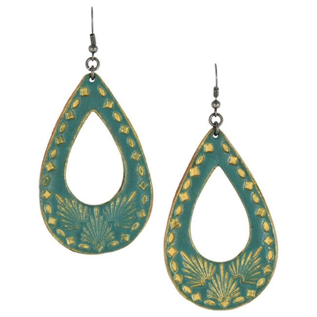 Earrings Tooled Leather Turquoise Teardrop