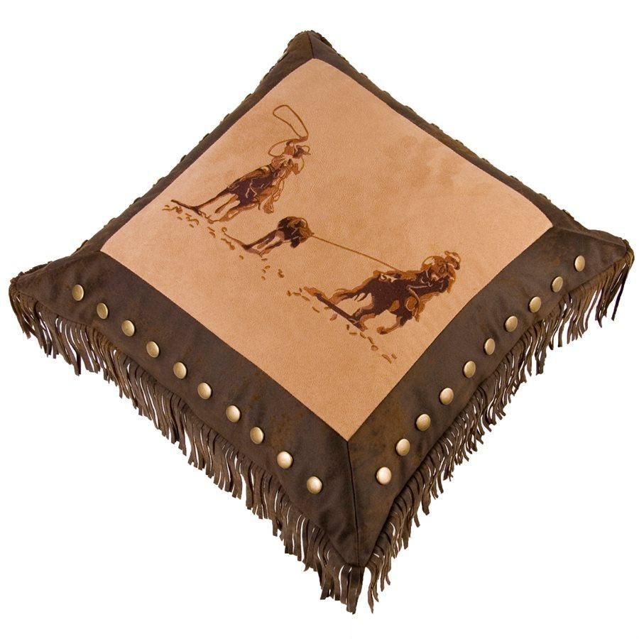 Embroidered Team Roper Pillow 18" x 18" Dark Tan