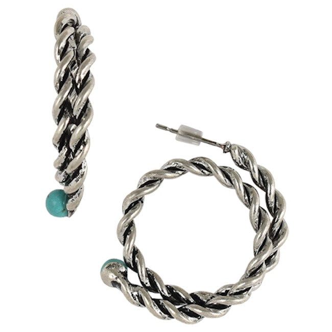 Earrings Twisted Wire Hoops w/Faux Turquoise Accent
