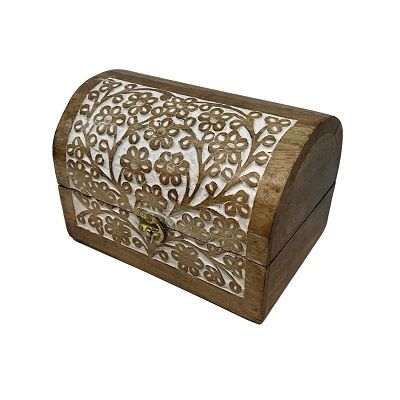 Flower Power Half Round Carved Box - White Wash