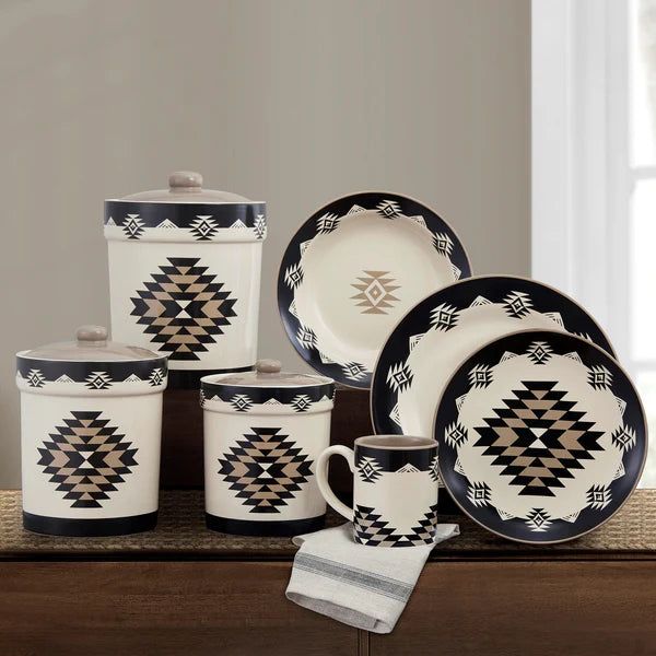 HiEnd 19-Pc Ceramic Dinnerware Set with Canisters- Del Sol Aztec