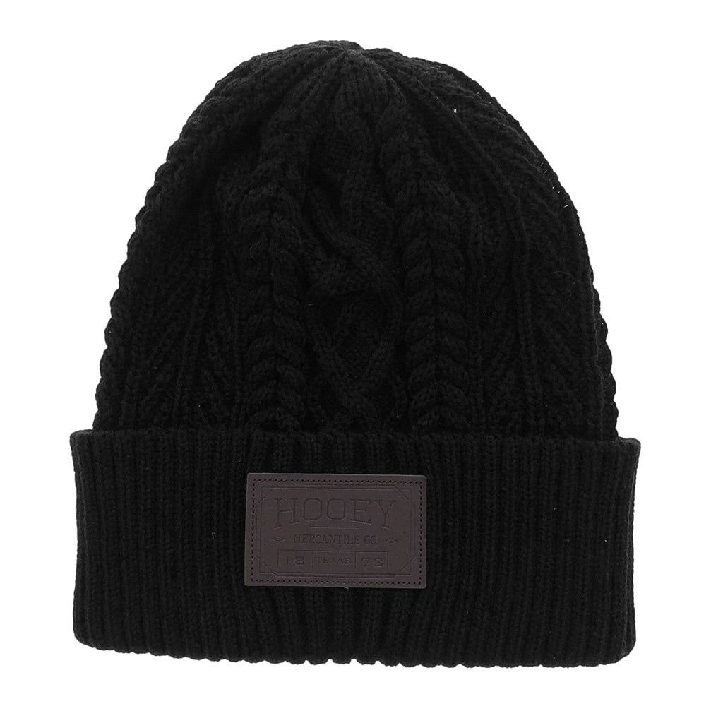 Hooey Beanie Black w/Brown Leather Mercantile Rectangle Patch OSFA