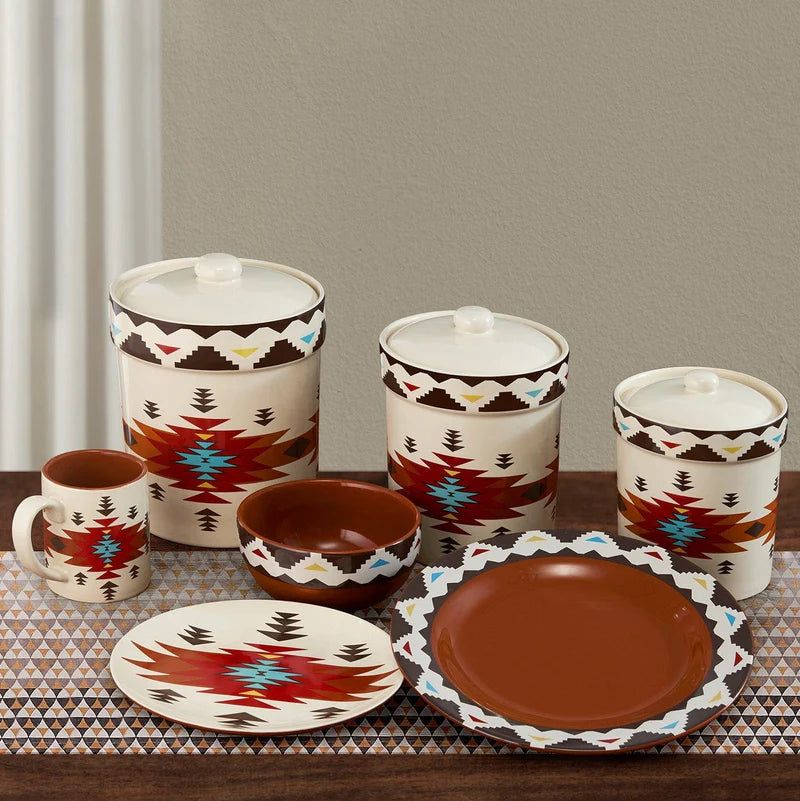 HiEnd 19-Pc Ceramic Dinnerware Set with Canisters- Del Sol Aztec Maroon