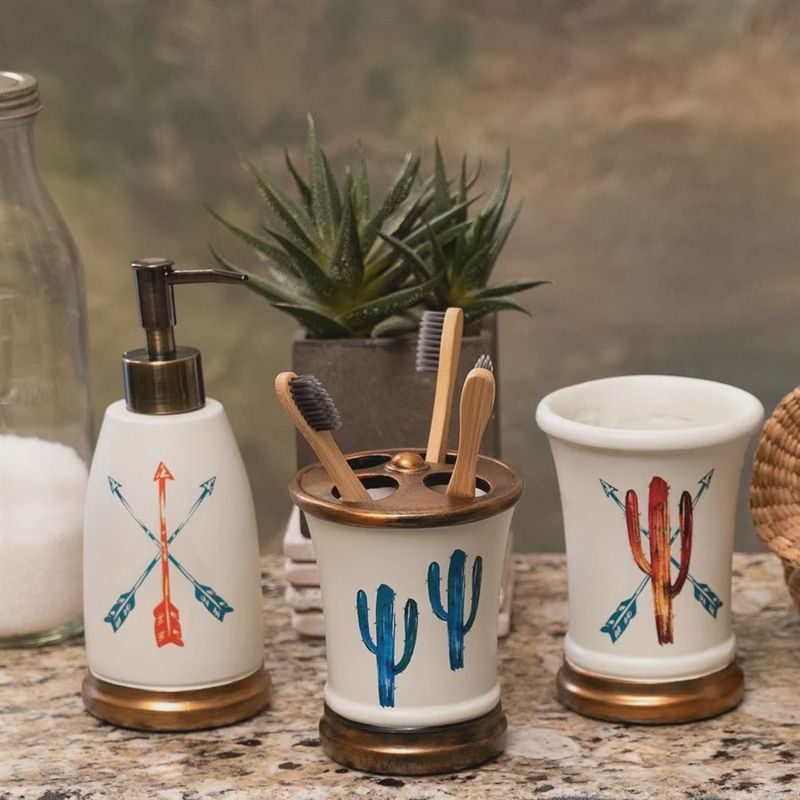 HiEnd Cactus 3-Pc Bath Countertop Accessory Set - Cream w/Coral &amp; Turquoise Accents