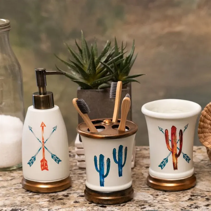 HiEnd Cactus 3-Pc Bath Countertop Accessory Set - Cream w/Coral &amp; Turquoise Accents