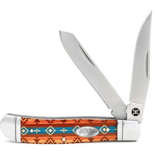 Hooey Knife Large 4 1/4" Brown/Turquoise Aztec Pattern Trapper