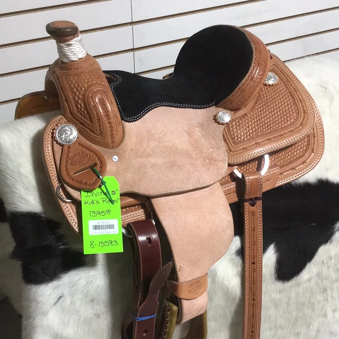 Irvine 12" Kid's Roper Saddle - 1/2 Basic Tooling Suede Seat-1