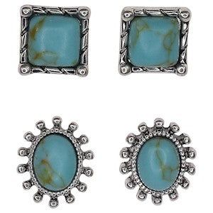 Justin Fixed Post Square &amp; Oval Framed Turquoise Colored Stone Studs - 2 Pairs