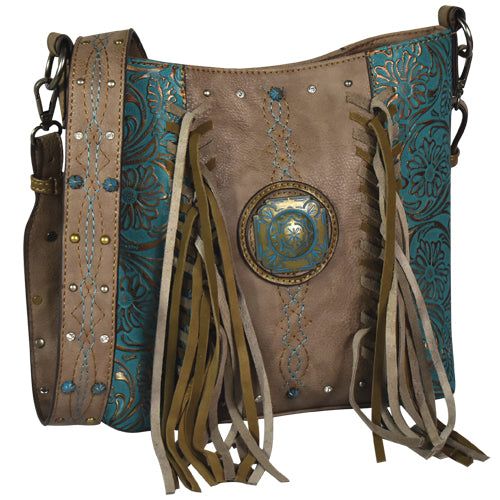 Justin Crossbody Ash Brown w/Fringe &amp; Turq
