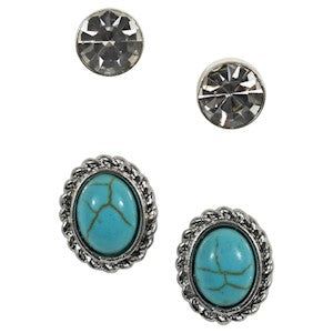 Justin Earring Set - Rhinestone &amp; Turquoise Colored Stone