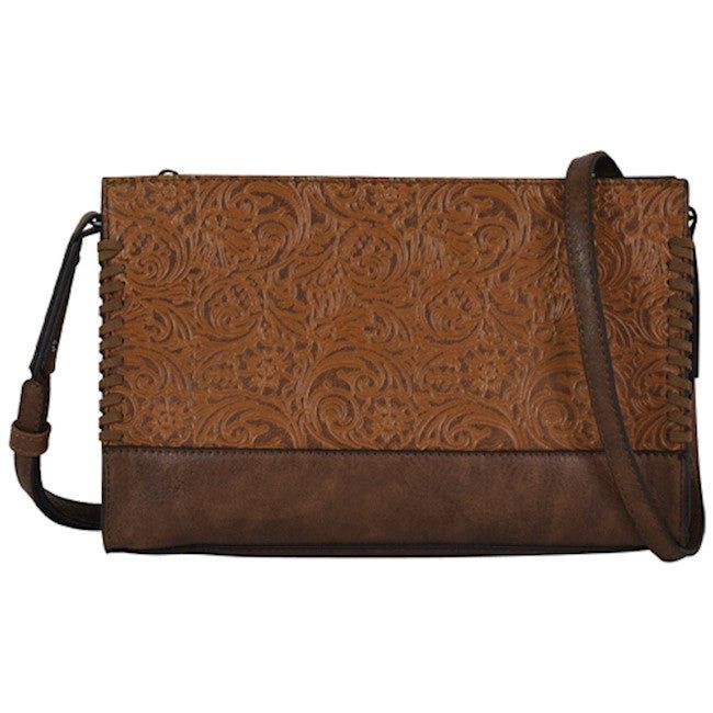 Justin Shoulder Bag Saddle Brown Tooled W/Whipstitch Edges