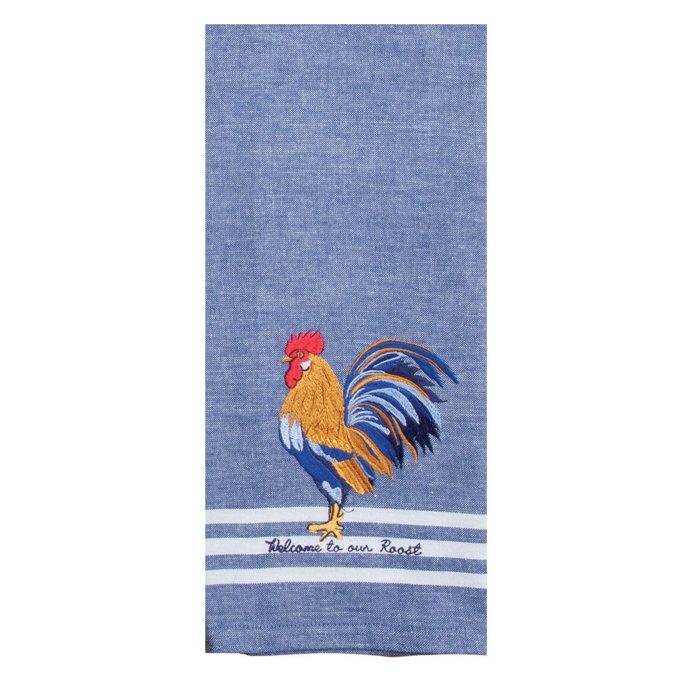 KD Blue Rooster Emb Tea Towel