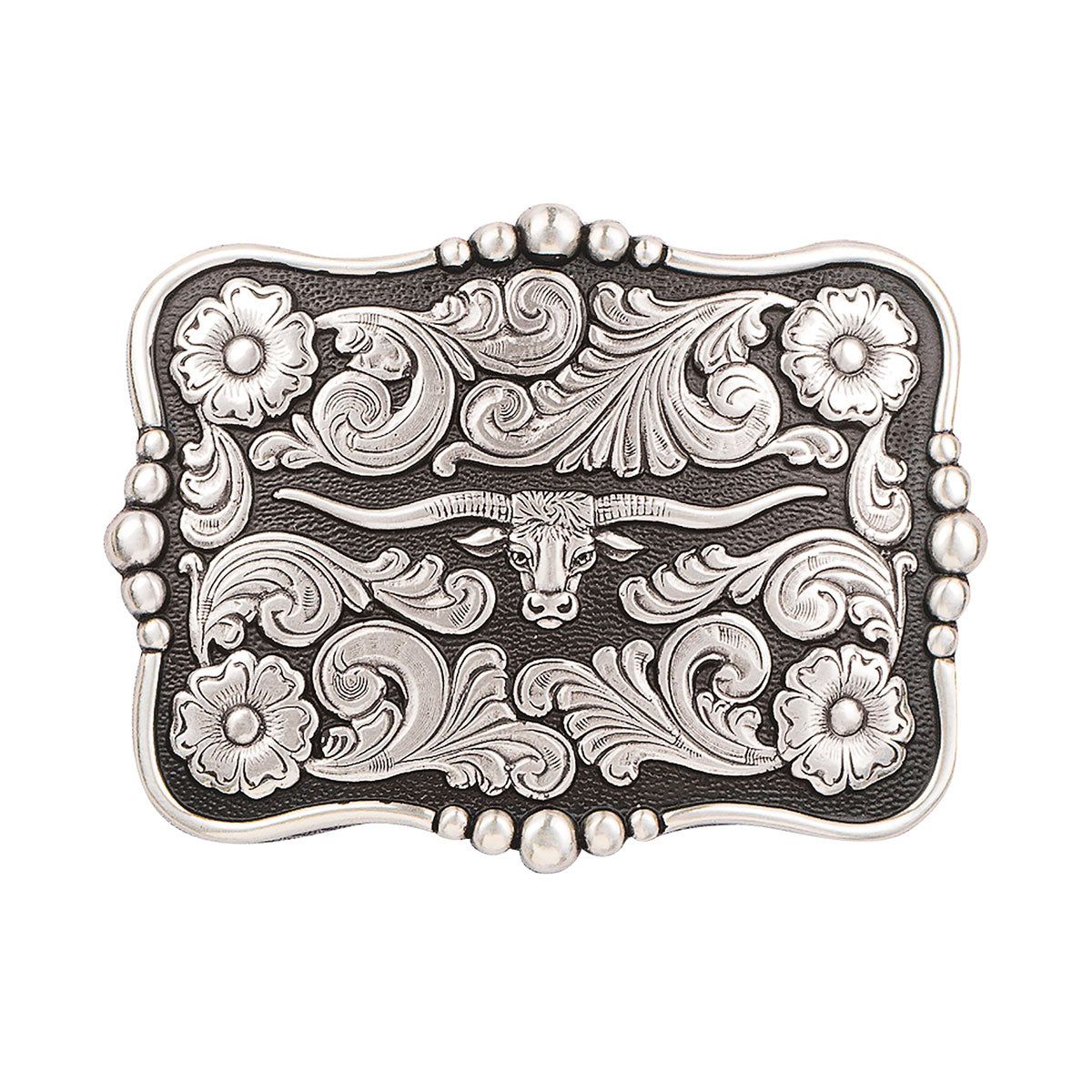M&amp;F Nocona Men's Rectangle Longhorn Buckle - Floral Corners w/Longhorn Head