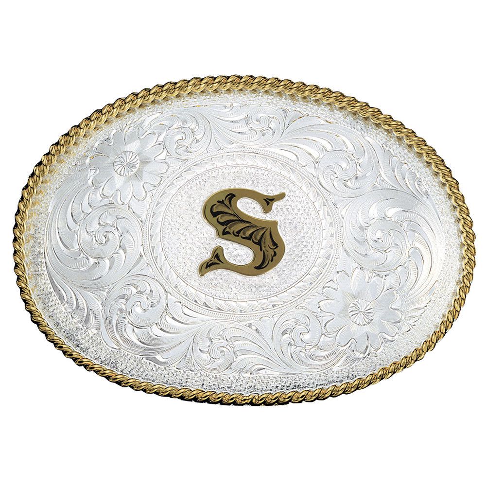 Montana Silversmiths Initial S Silver Engraved Gold Trim Western Belt Buckle
