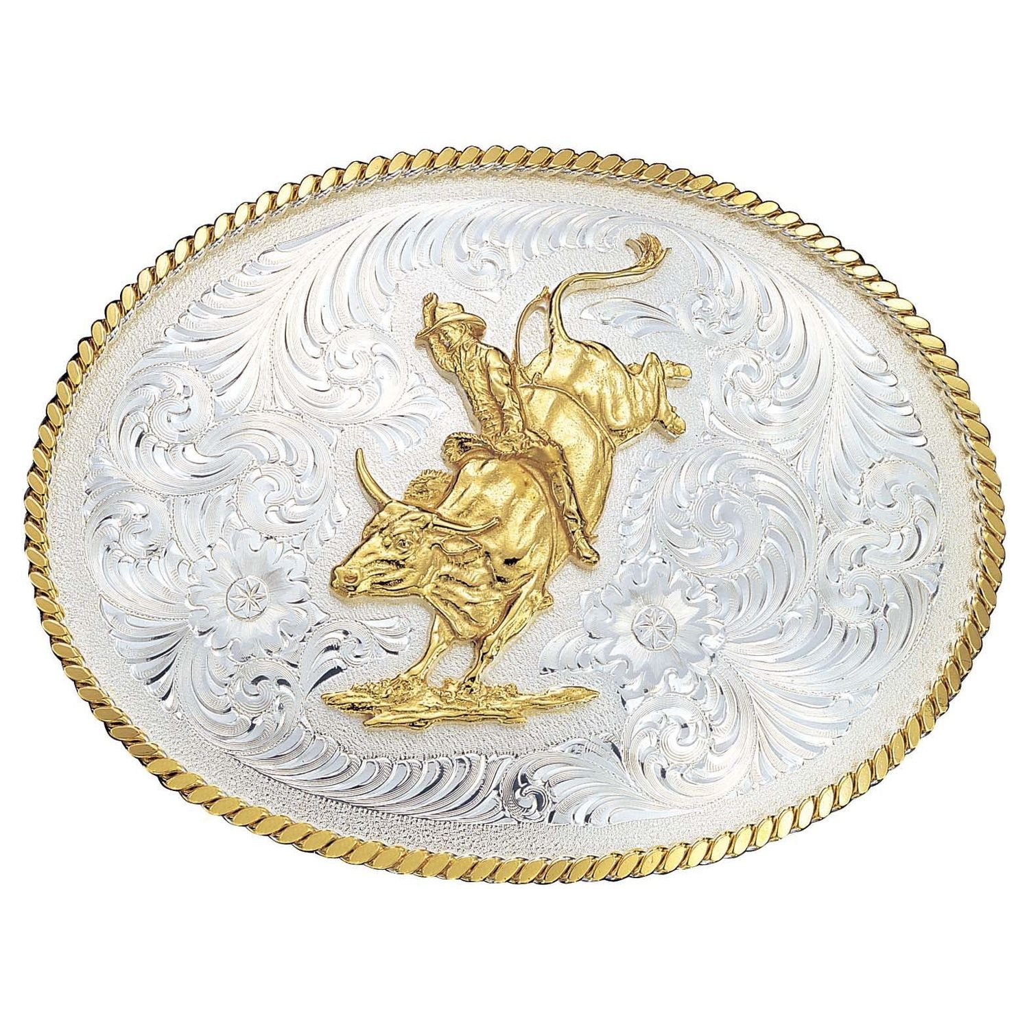 Montana Silversmiths Large Silver Engraved Western Belt Buckle with Bull Rider