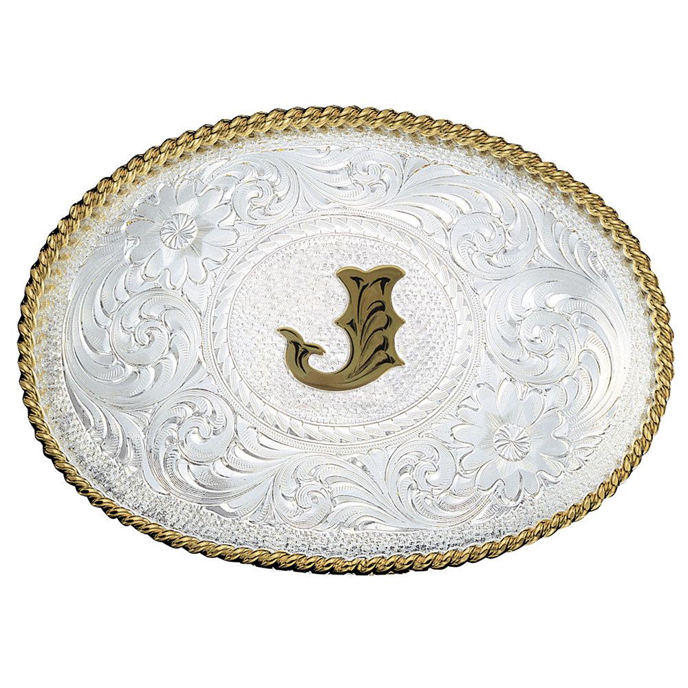 Montana Silversmiths Initial J Silver Engraved Gold Trim Western Belt Buckle