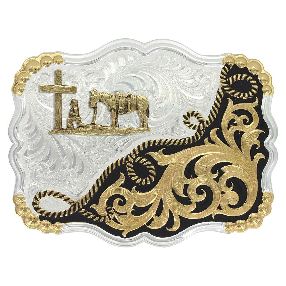 Montana Silversmiths Two Tone Half-n-Half Rope Buckle with Christian Cowboy