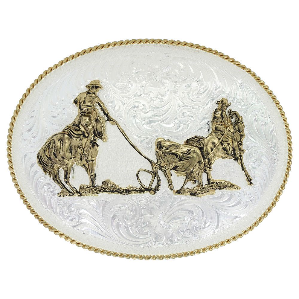 Montana Silversmiths Large Silver Engraved Western Belt Buckle with Team Ropers