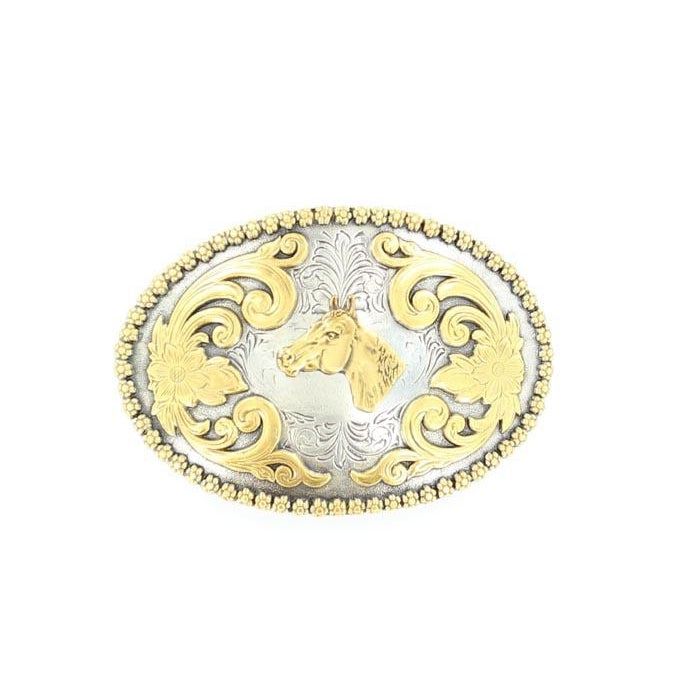 Nocona Buckle - Gold Scroll and Horse Head