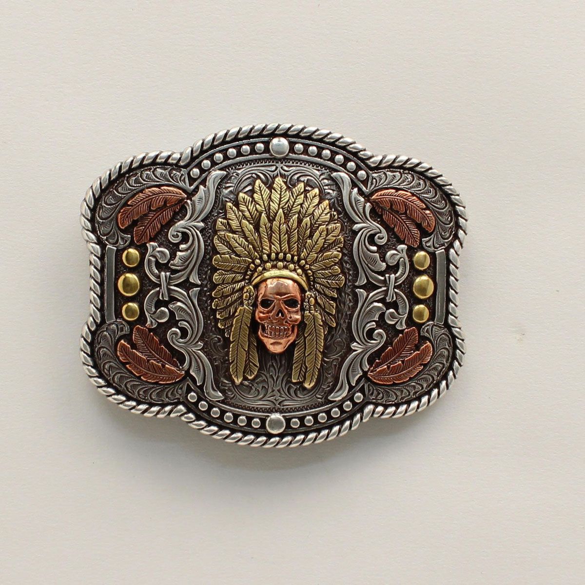 Nocona Men's Rectangle Feather Skull Chief Buckle - Silver/Gold/Copper