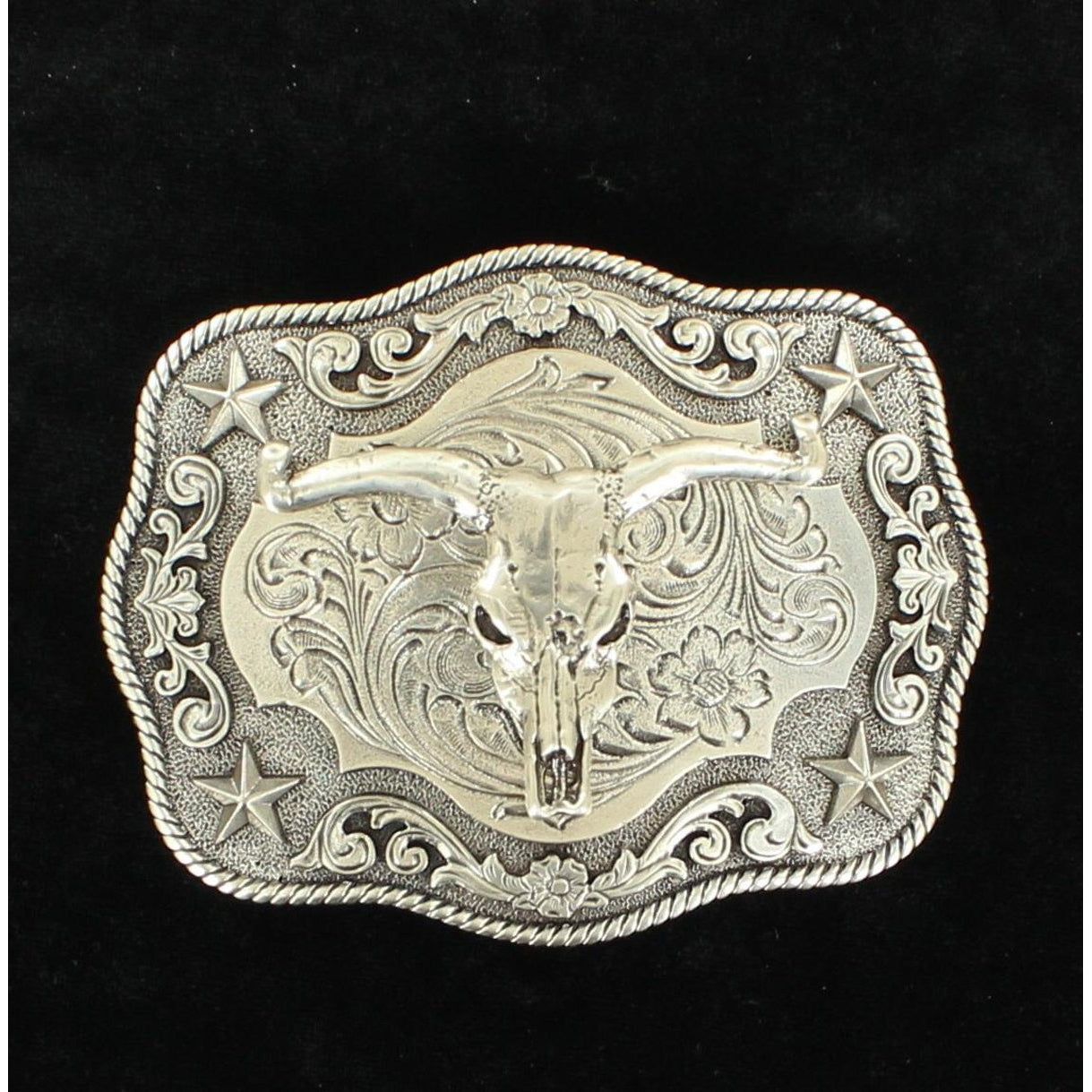 Nocona Buckle - Rectangle with Rope Edge Scroll and Stars with Steer Skull 3.175x4"