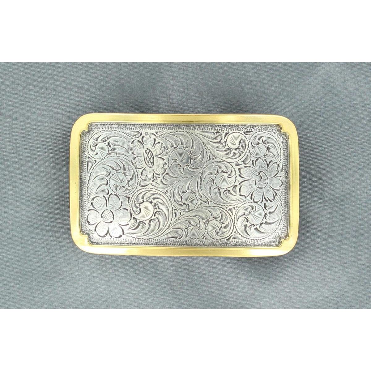 Nocona Unisex Rectangle Floral Scroll Buckle - Silver w/Gold Edging