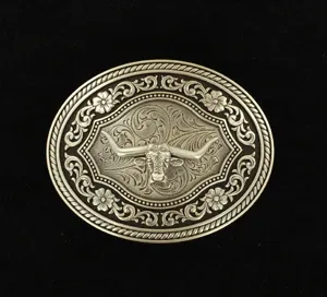 Nocona Men's Oval Scrolled Longhorn Buckle - Silver/Black
