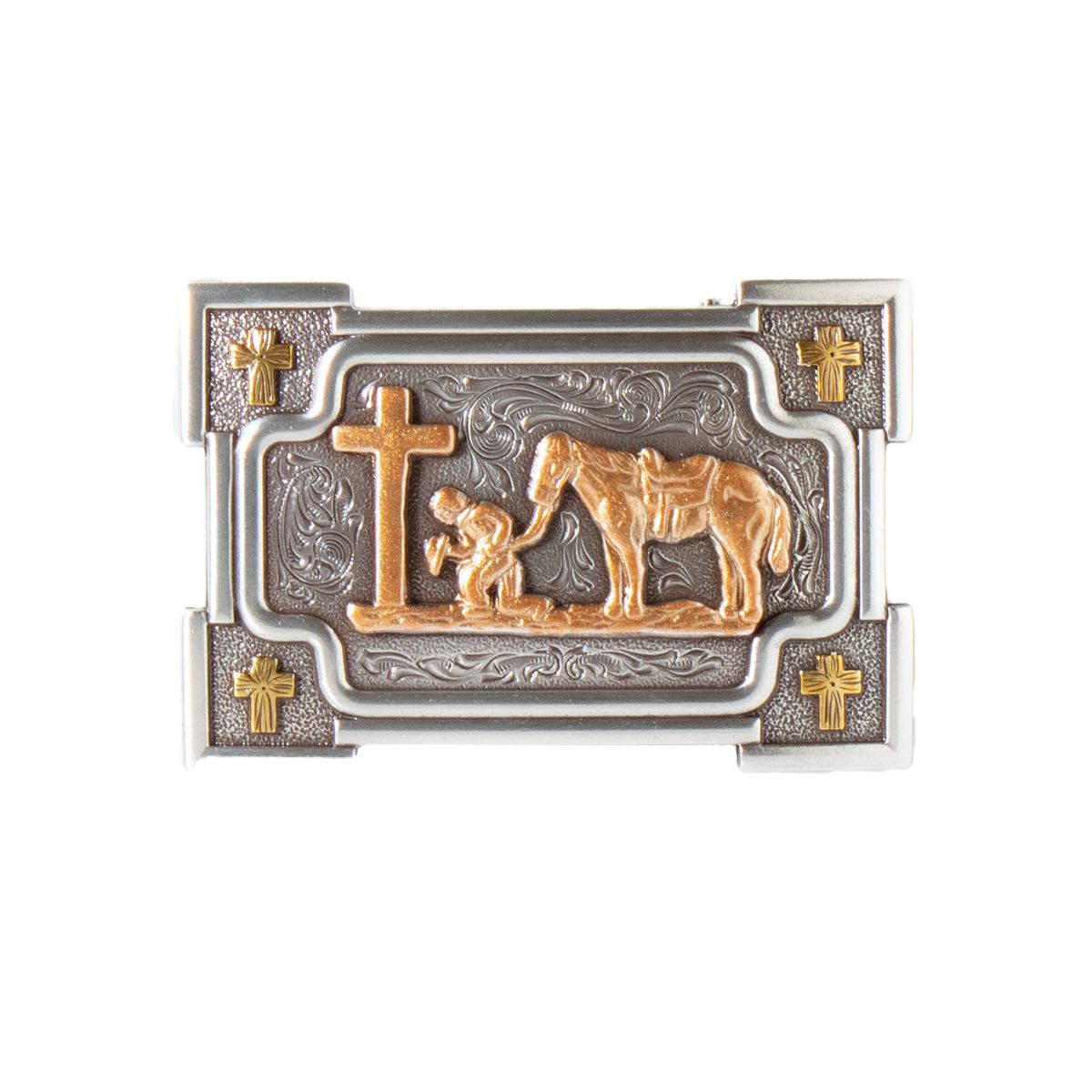 **Nocona Men's Rectangle Smooth Praying Cowboy Buckle - Silver/Gold