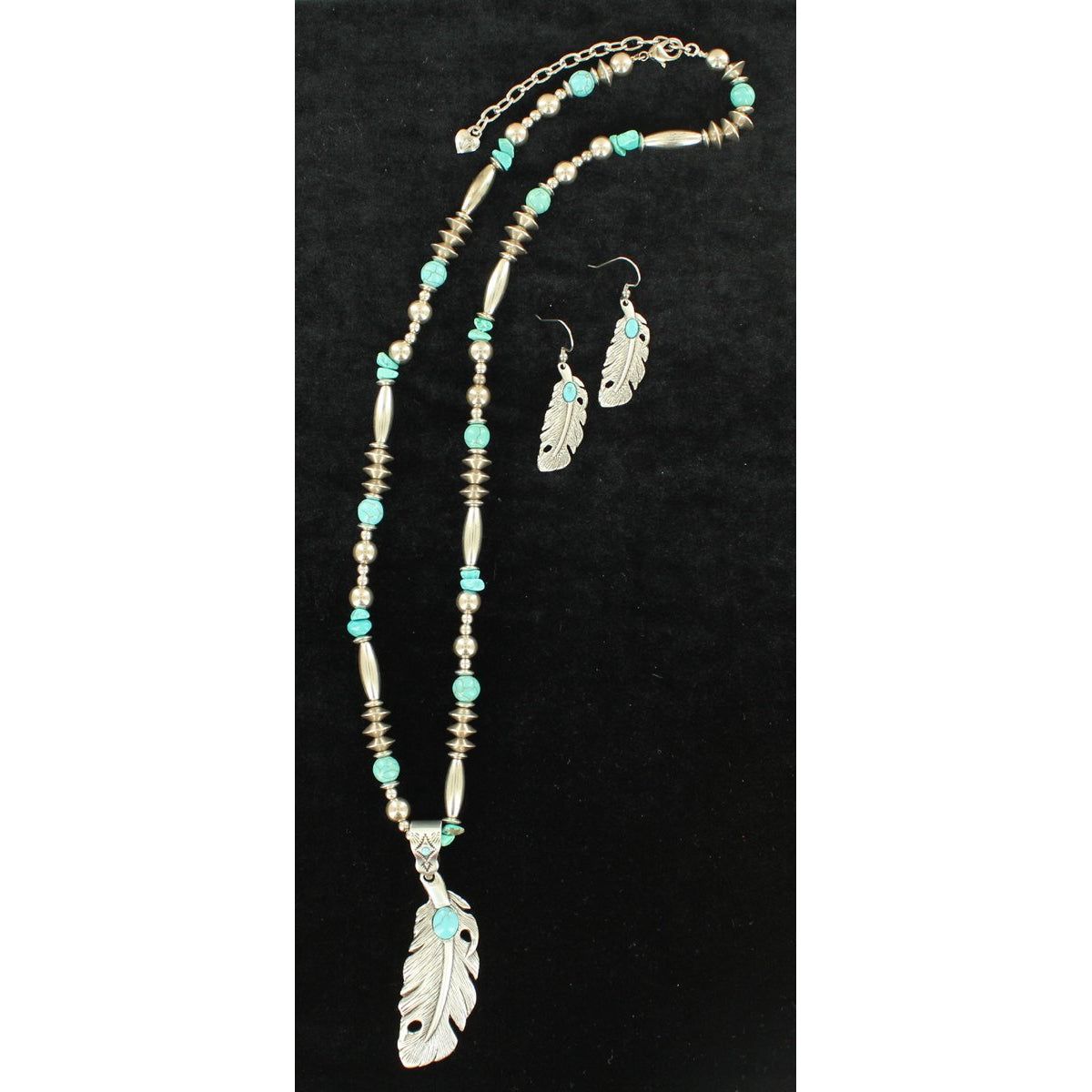 Necklace Set - Feather Pendant w/Turquoise Accent Stone