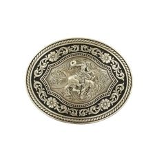 Nocona Mens Buckle Oval Black Edge Background w/Vintage Saddle Bronc Motif
