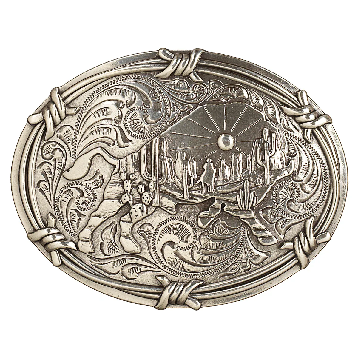 Nocona Oval Barbed Wire Buffalo Buckle - Antique Silver