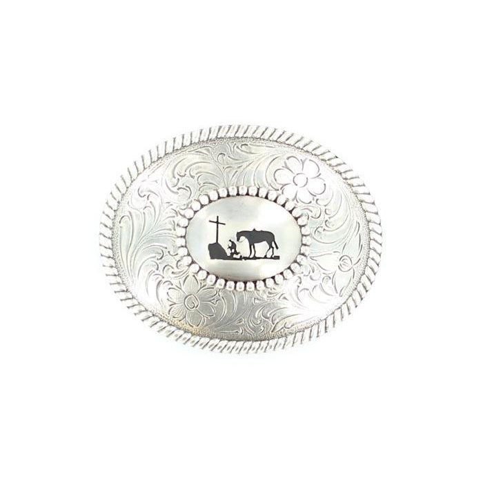 Nocona Oval Rope Edge &amp; Cowboy Kneeling at Cross Buckle - Silver