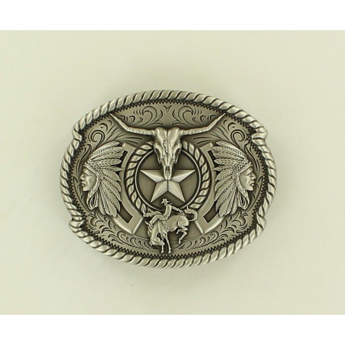 Nocona Silver Buckle w/Skull/Saddle Bronc/Indians