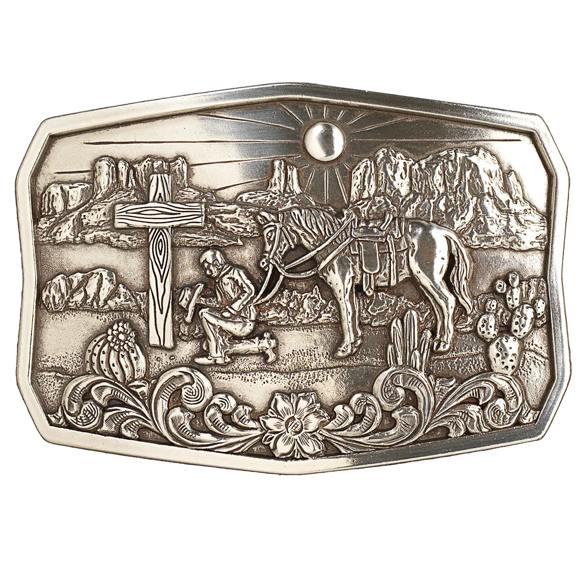Nocona Rectangle Buckle - Cowboy Cactus Antique Silver