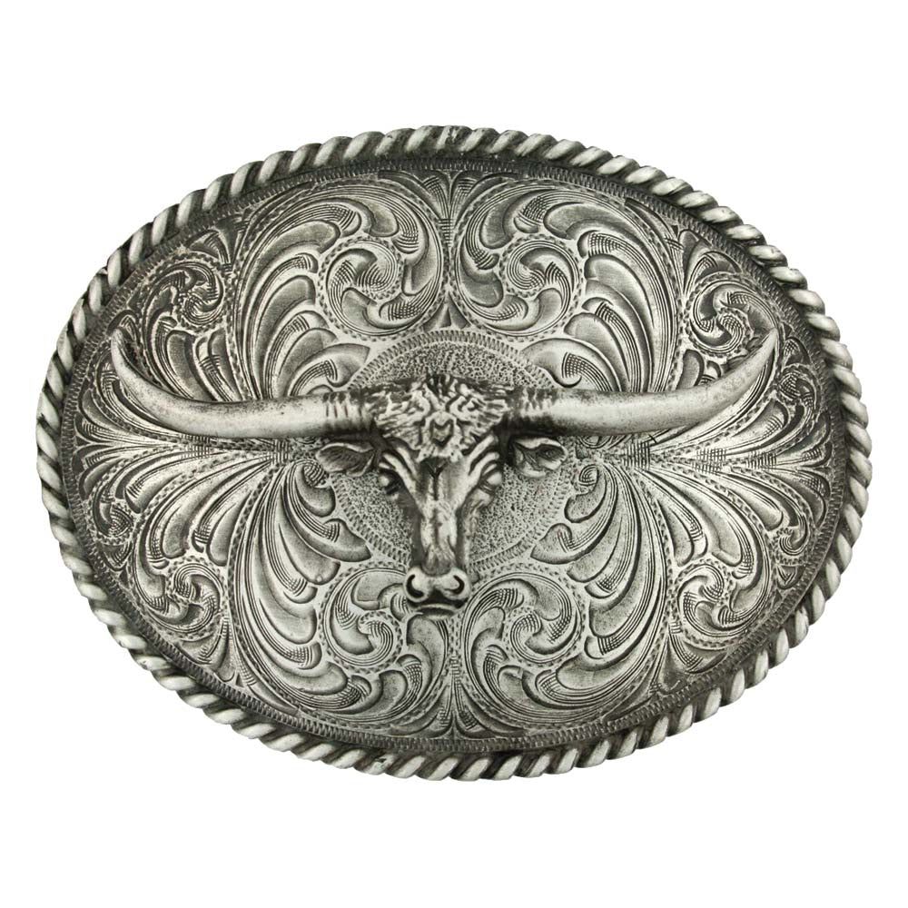 Montana Silversmiths Oval Longhorn Classic Antiqued Silver Large Steerhead Attitude Buckle