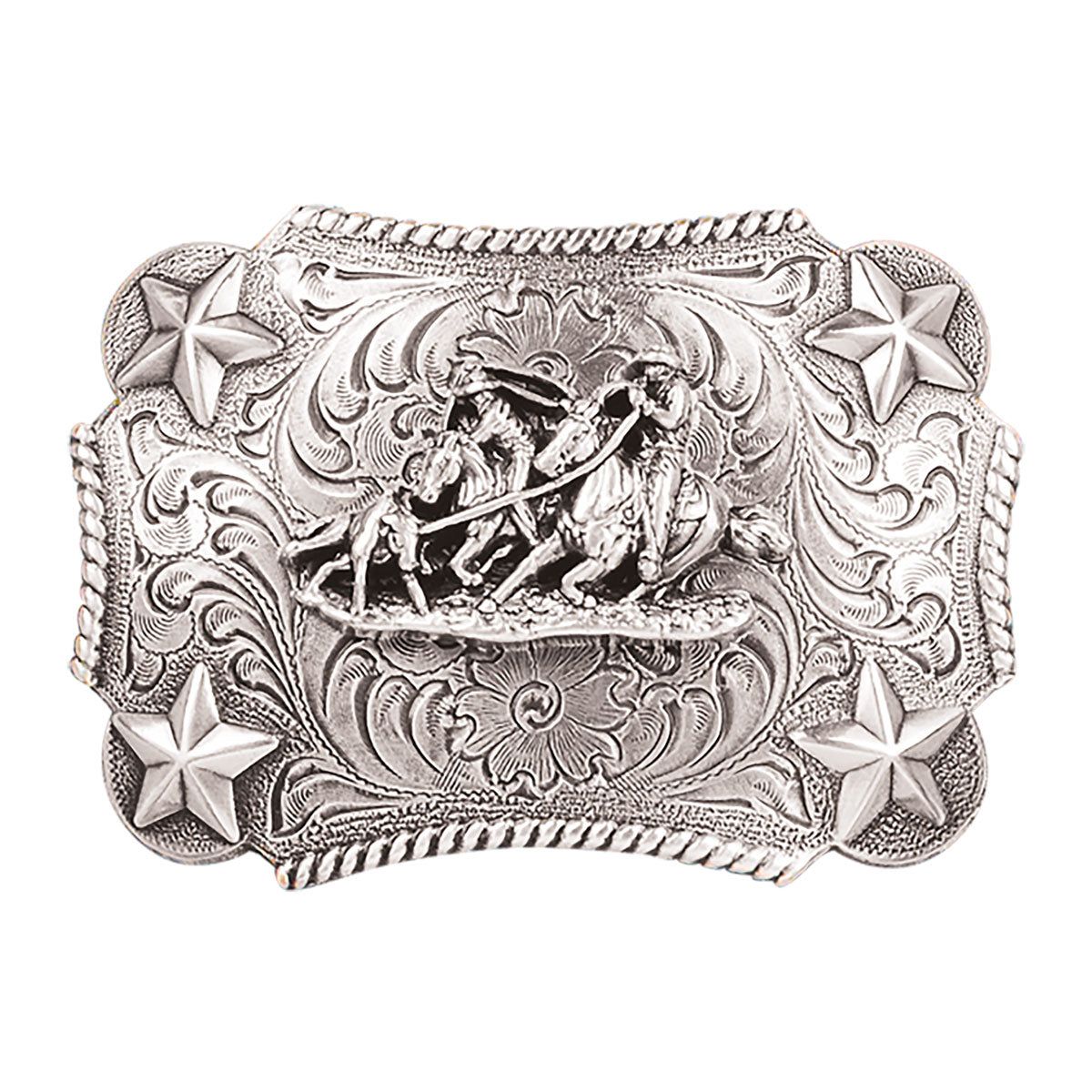 Nocona Youth Buckle Silver Rectangle Rope Edge With Star Corners and Team Ropers 2x3"
