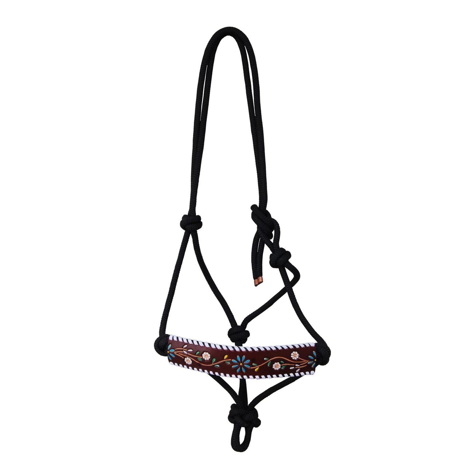 Rafter T Rope Halter w/Floral Tooling TT Finish Painted Floral Vine &amp; White Whipstitch