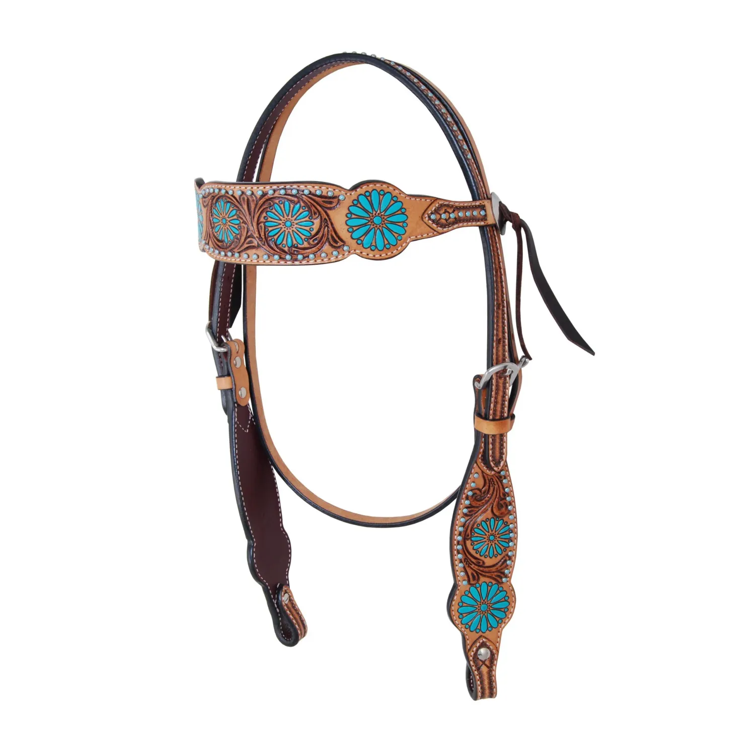 Rafter T One Browband Headstall w/Turquoise Sun Spots Carving TT Finish