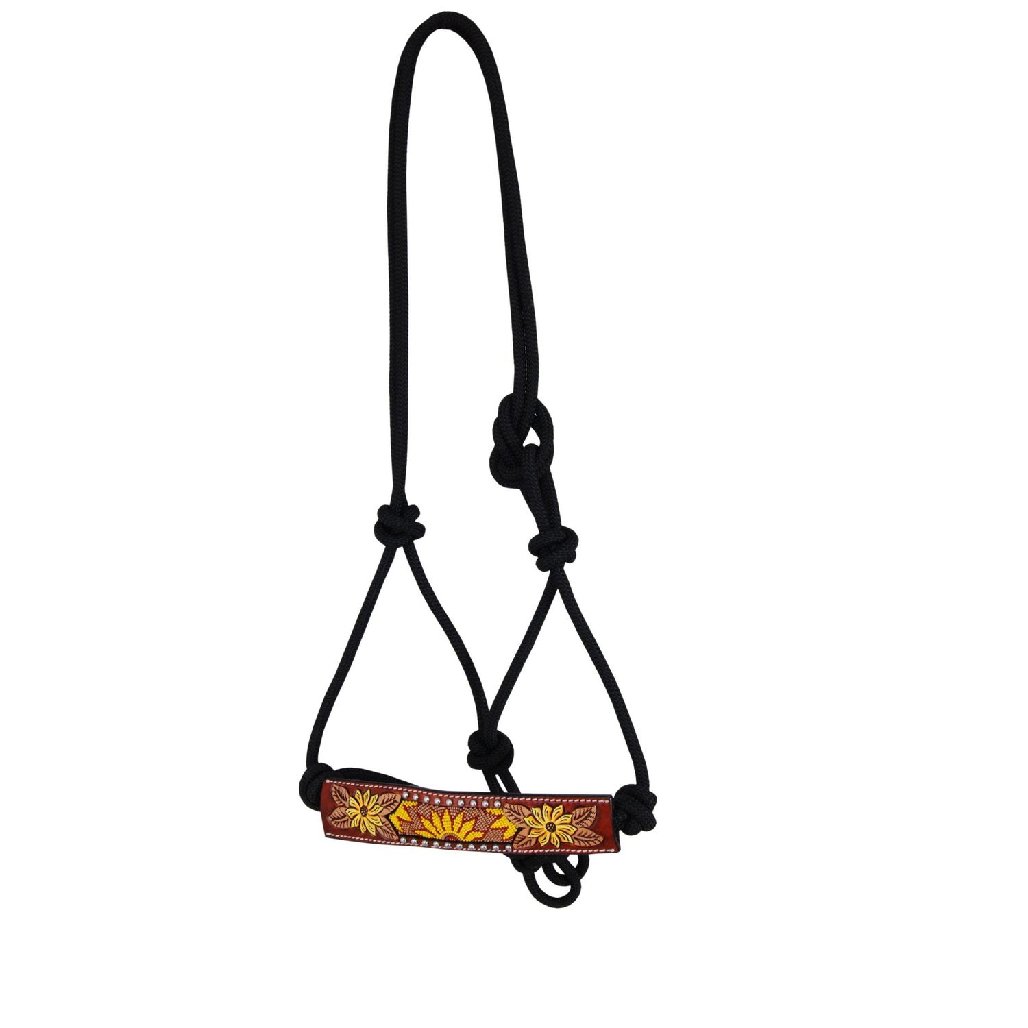 Rafter T Rope Halter w/Tooling Hand Painted Sun Flower TT Finish SS Spots &amp; Beaded Sunflower