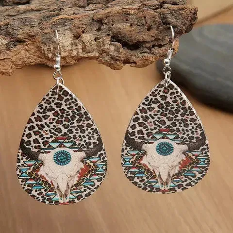 Rodeo Drive Cheetah Skull Leather Dangle Earrings