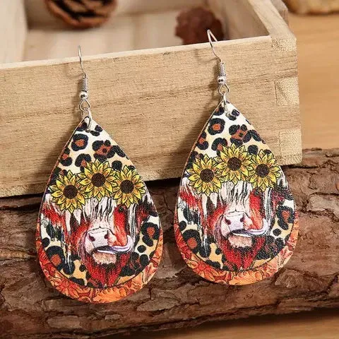 Rodeo Drive Cheetah Cow Leather Dangle Silver Earrings