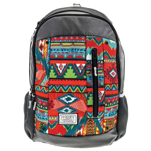 Rockstar Hooey Backpack Grey Body w/Multi Color Aztec Pattern Front Panel and Accents