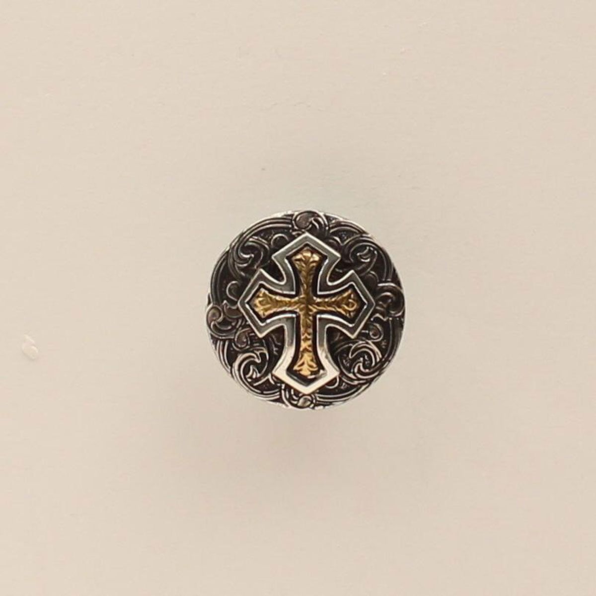Silver Filigree Scarf Slide Round Concho w/Large Gold Cross in the Center