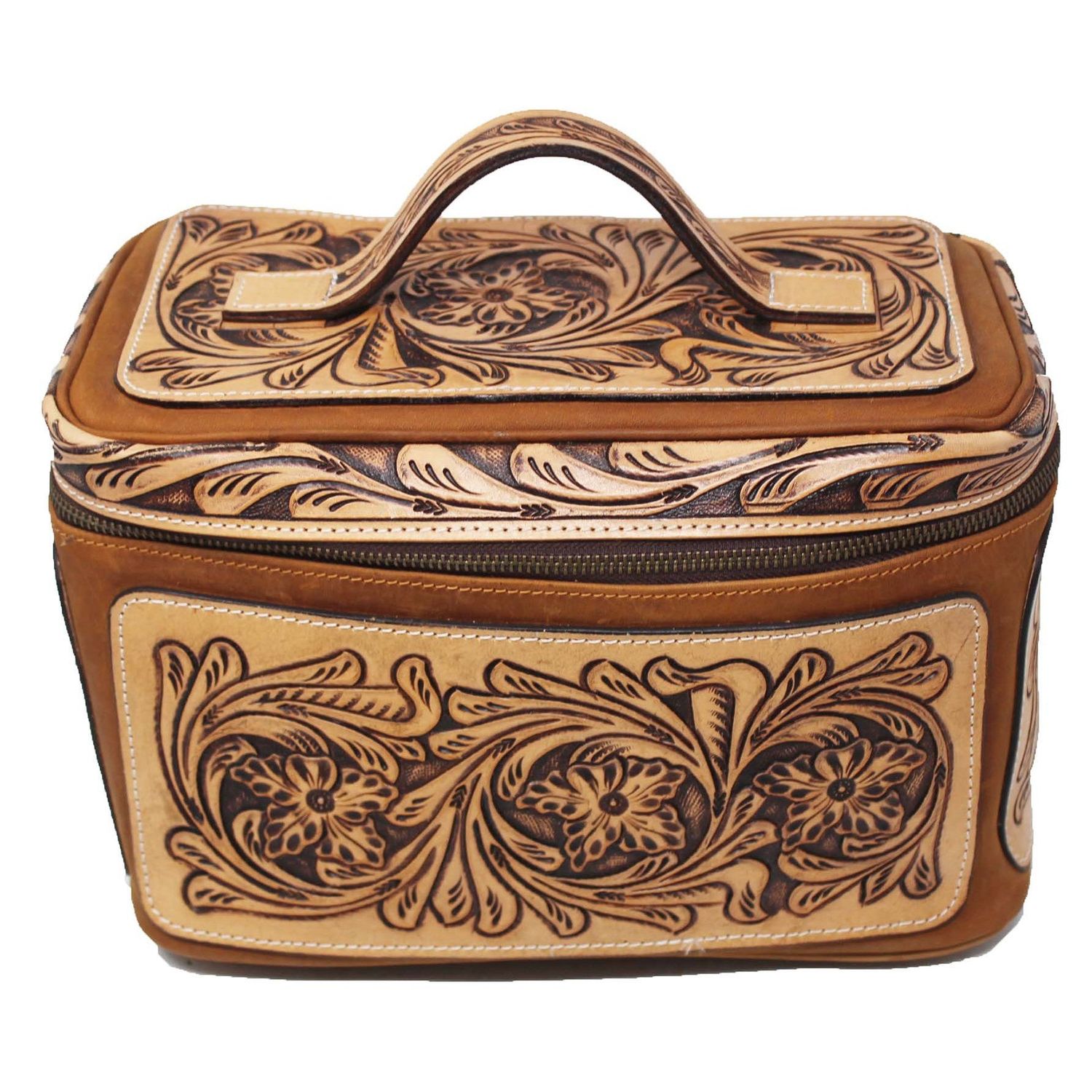 Unisex Western Tooled Leather Cosmetic Dopp Kit Toiletry Bag - Tan