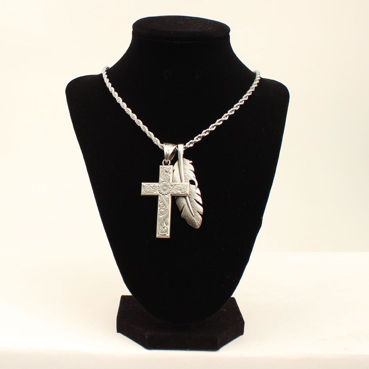 Twister Men's Necklace Silver Floral Engraved Cross Pendant