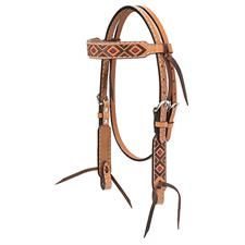 Weaver Turquoise Cross 5/8" Pony Browband Headstall, Navajo Diamond Embroidery - Light Oiled