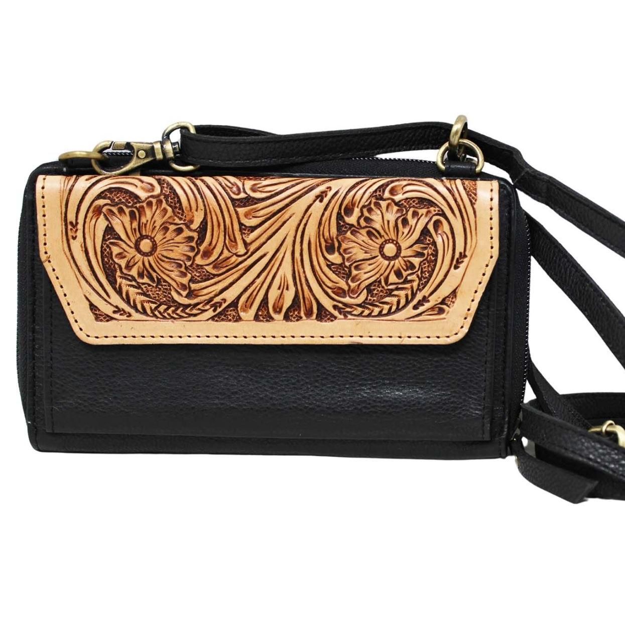 Western Women's Floral Tooled Pebbled Leather Sling Crossbody- Black