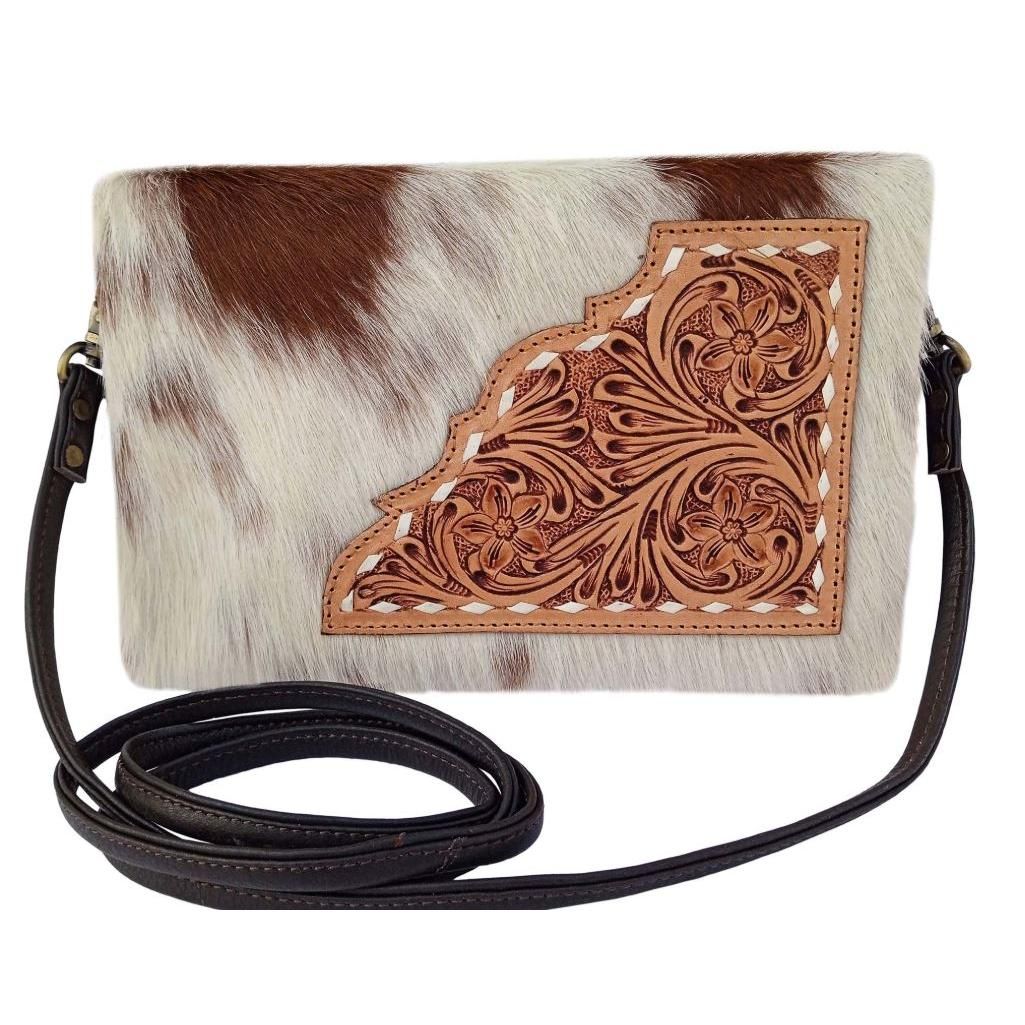 Western Women's Floral Tooled Cowhide Buckstitch Sling Crossbody Bag