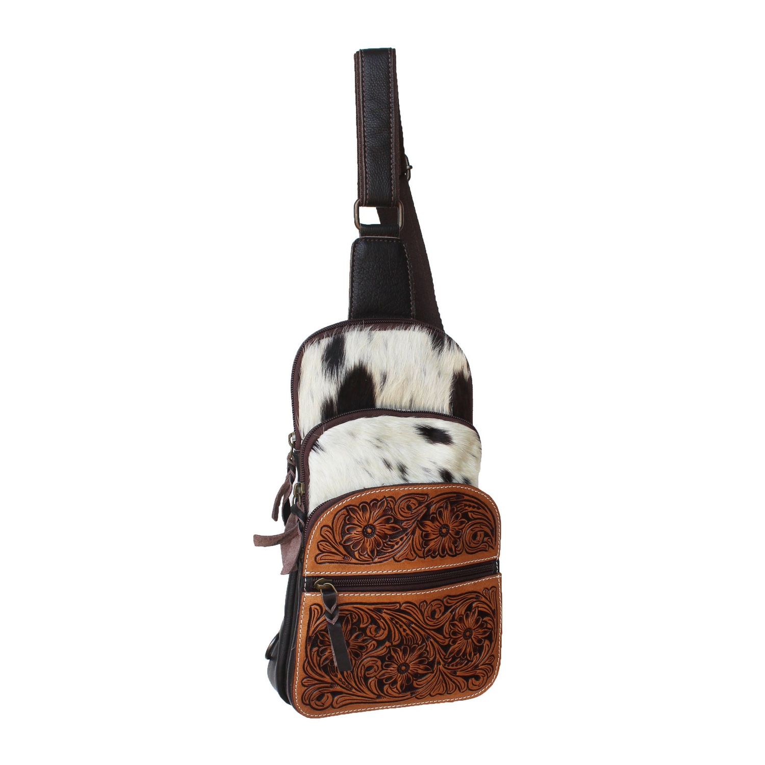 Western Floral Tooled Pebbled Crossbody Sling Bag- Black-2
