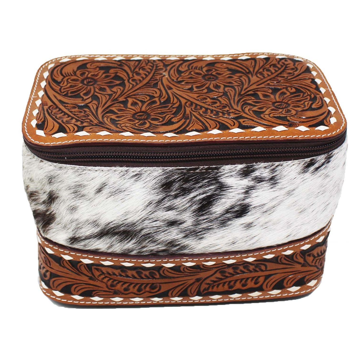 Western Floral Tooled Leather Beaded Travel Toiletry Dopp Kit Bag-1